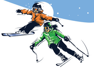 vector set of skiing logos, emblems and design elements