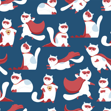 Superhero cat vector cartoon seamless pattern background for wallpaper, wrapping, packing, and backdrop.