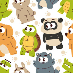 Cute baby animals vector cartoon seamless pattern background for wallpaper, wrapping, packing, and backdrop.