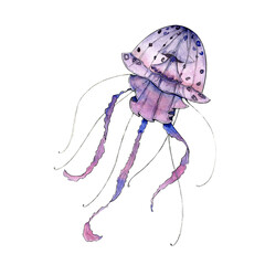 Watercolor illustration of a jellyfish. Design element for menu, restaurant, aquarium, oceanarium. Mix technique - watercolour and graphics. Sea Dwellers.