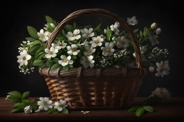 White Petals and Blossoms in a Woven Wooden Basket Generative AI