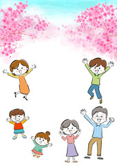 満開の桜を背景に笑顔の家族のいる手描きイラスト