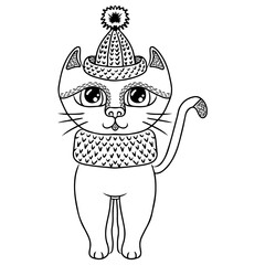 Cute drawn cat for children coloring book or page