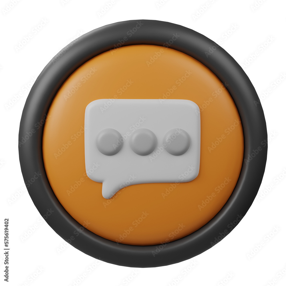 Poster 3d rendered message bubble button icon with orange color and black border for creative user interfac