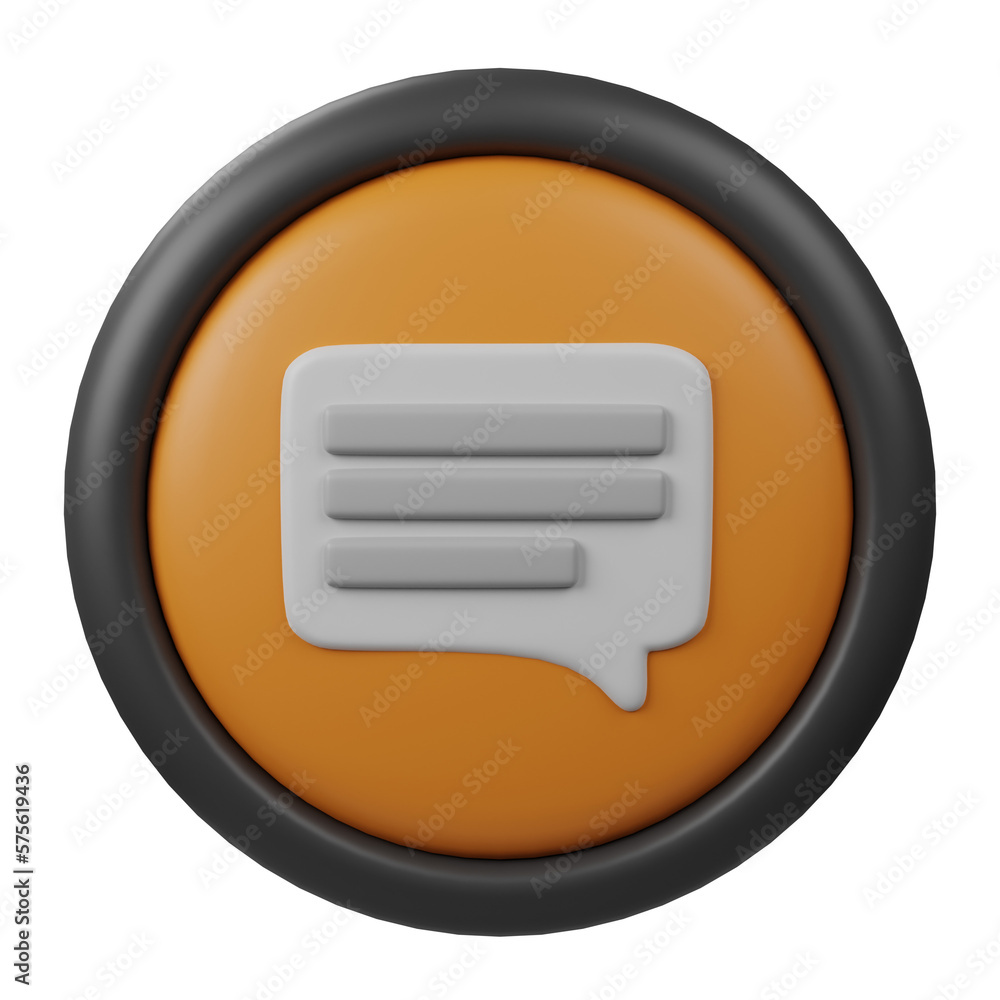 Poster 3d rendered comment button icon with orange color and black border for creative user interface desig