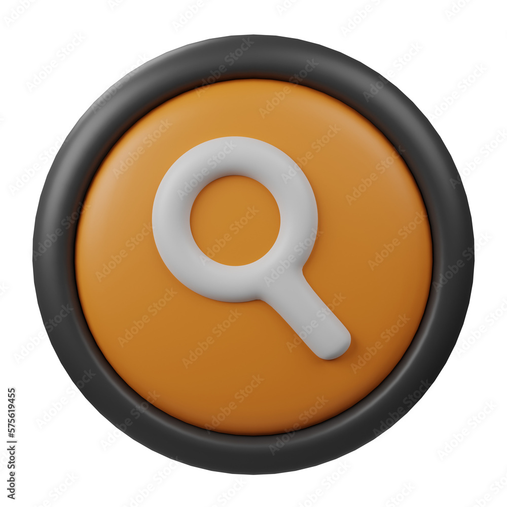 Aufkleber 3d rendered search button icon with orange color and black border for creative user interface design