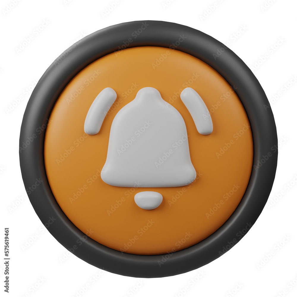 Poster 3d rendered notification button icon with orange color and black border for creative user interface 