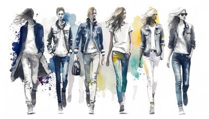 Fototapeta na wymiar female fashion show, Casual Clothing, streetwear, male and femal models walking in a row, watercolor illustration
