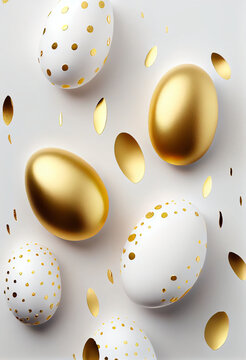 White eggs with gold decorations on a white background Generative ai