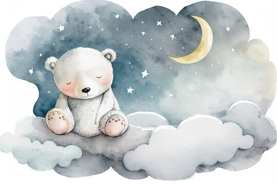 Cute watercolor hand drawn image of a cartoon bear on the moon and clouds that may be used for a baby shower or a child's poster and has a white isolated backdrop, generative AI