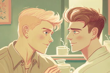 Gay male couple looking at each other in the cafetria, Cartoon sketch style with pastel color, digital illustration generative AI