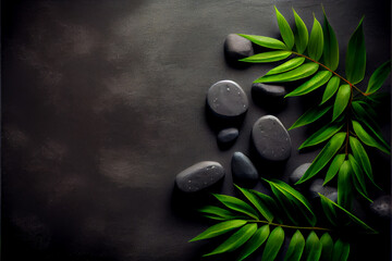 Obraz na płótnie Canvas Stones for spa and green leaves on dark background. AI Generated