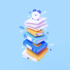 3 3d Render of Office Supplies. Folder, Books, Binders and Alarm Clock Isolated on Sky Blue Background