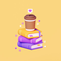 3d Render of Paper Cup of Coffee with Lid Standing on Book Pile. Office Icon Isolated on Yellow Background