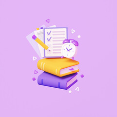 Alarm Clock with Books and Documents. Office Icon Isolated on Lavender Background