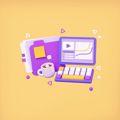 Personal Computer with Diagram on the Screen. 3d Render of Office Icon on Yellow Background