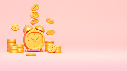 3d Render of Golden Clock with Golden Coins on Pink Background. Time is Money Concept
