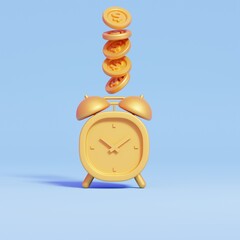 3d Render of Golden Clock with Golden Coins on Blue Background. Time is Money Concept