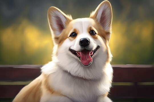 Corgi dog portrait of a lovable puppy. An adorable white puppy smiling for the camera. Room to write. Using a dog in a commercial. Pet in closeup having a good time. Generative AI