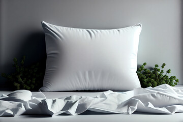 Cozy winter flat lay composition with white blank pillow , cushion mockup. AI Generated