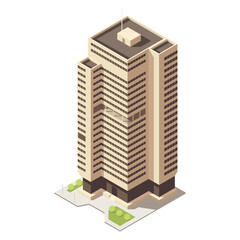 Isometric skyscraper building for map creating collection. Business office and commercial tower. City development in 3D design. Finance cityscape architecture, web street element. Vector illustration