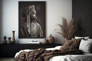 Mock up poster in bedroom interior, ethnic style, 3d render