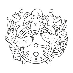 Adorable sleepy bear with big alarm clock. Time to wake up. Nature in spring. Cute forest animal with pajama hat. Flowers and leaves. Tulip, chamomile, berry. Funny coloring page for kids. Vector art