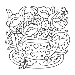 Cute mug with flowers in it. Differen spring plants. Tulip, chamomile, berry. Summertime nature drawing. Herbal drink. Funny coloring page for kids and adults. Cartoon vector illustration. Isolated
