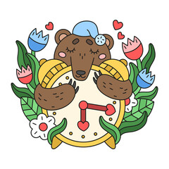 Sleepy bear with alarm clock. Spring time nature. Wildlife animal with flowers. Colorful drawing for kids bedroom. Cartoon vector illustration. Outlined style. Isolated on white