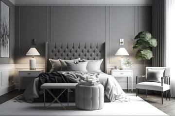 Grey contemporary luxury modern bedroom with stool and a carpet