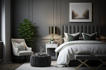 Grey contemporary luxury modern bedroom with stool and a carpet