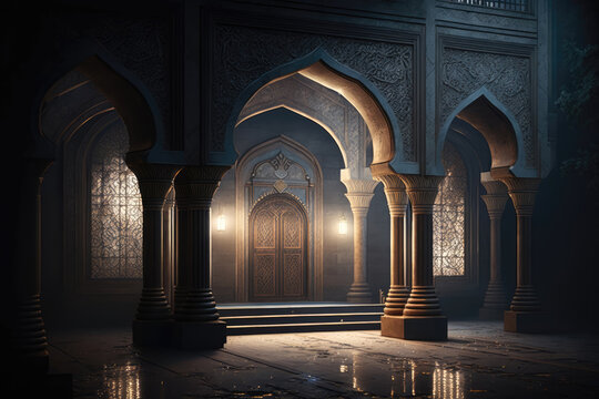 Mosque interior. Islamic architecture, gate, arches, columns, lanterns. Abstract oriental interior. Ramadan Kareem background. Generative ai illustration