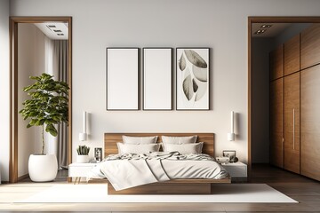 Modern bedroom interior picture in minimalist style with wooden frames and wall in white color - 3D rendering