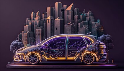 Electric car usage and green electricity energy consumption outline concept with Generative AI Technology