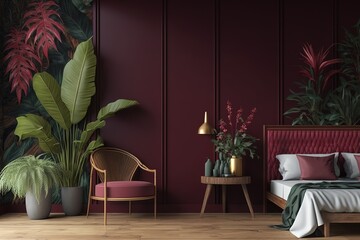 Modern interior bedroom with wallpaper tropical plants and flowers wooden wall and chair and desk in luxurious rustic style and dark red background - 3d rendering