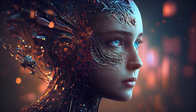 AI Generative Illustration Graphic Design Art advanced artificial intelligence for the future rise in technological singularity using deep learning algorithms.