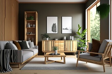 Wooden natural furniture in living room design, interior wall mock up
