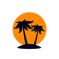 African Rainforest Coconut Trees or Tropical Palm Trees with Orange Sun on White Backdrop. Simple Black Silhouette for Symbol Icon Traveling or Holiday Logo Template Design Inspiration - 575623635
