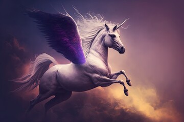 Obraz na płótnie Canvas Unicorn with white wings against a purple sky at sunset. Generative AI