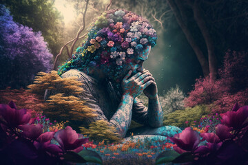 statue of woman sitting in peaceful garden surrounded by blooming flowers and trees, with eyes closed as if connecting with energy of nature and psychic waves it generates.  Ai