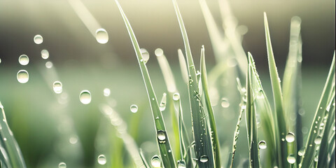 Juicy lush green grass on meadow with drops of water dew sparkle in morning light, AI Generated