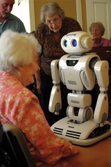 futuristic robot taking care of grandma, concept of helping the elderly, generative ai