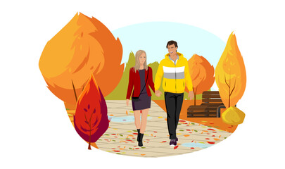 Romantic walking man and woman in Autumn Park. Yellow red trees and fall leaves. Weekend outdoor, colorful nature. Drawing in cartoon style. Happy family husband and pretty girl. Vector illustration