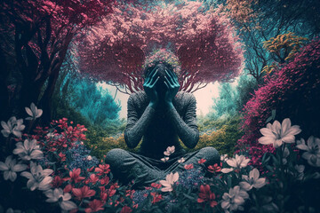 person sitting in peaceful garden surrounded by blooming flowers and trees, with eyes closed and hands placed on  forehead, as if connecting with energy of nature and psychic waves it generates.  Ai