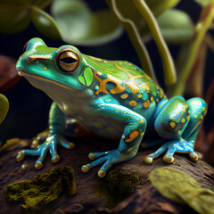 A painting of a frog that has a blue and yellow body and has a yellow spot on its belly. Generative ai