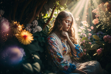 a woman sitting in a peaceful garden surrounded by blooming flowers and trees, with his eyes closed , as if connecting with the energy of nature and the psychic waves it generates.  Ai - obrazy, fototapety, plakaty