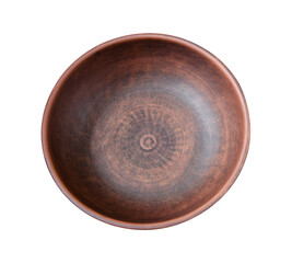A deep clay plate on the table. Isolated object on a white background.