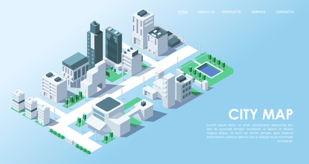 Isometric city map with buildings. Business office and commercial towers in 3d cityscape. City development concept for web design. Urban architecture and design of street elements. Vector illustration © GN.STUDIO