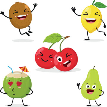 Cute coconut, pear, lemon, kiwi and cherry fruits cartoon characters