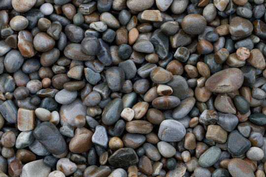 Wet, round coastal pebbles and river stones abstract background